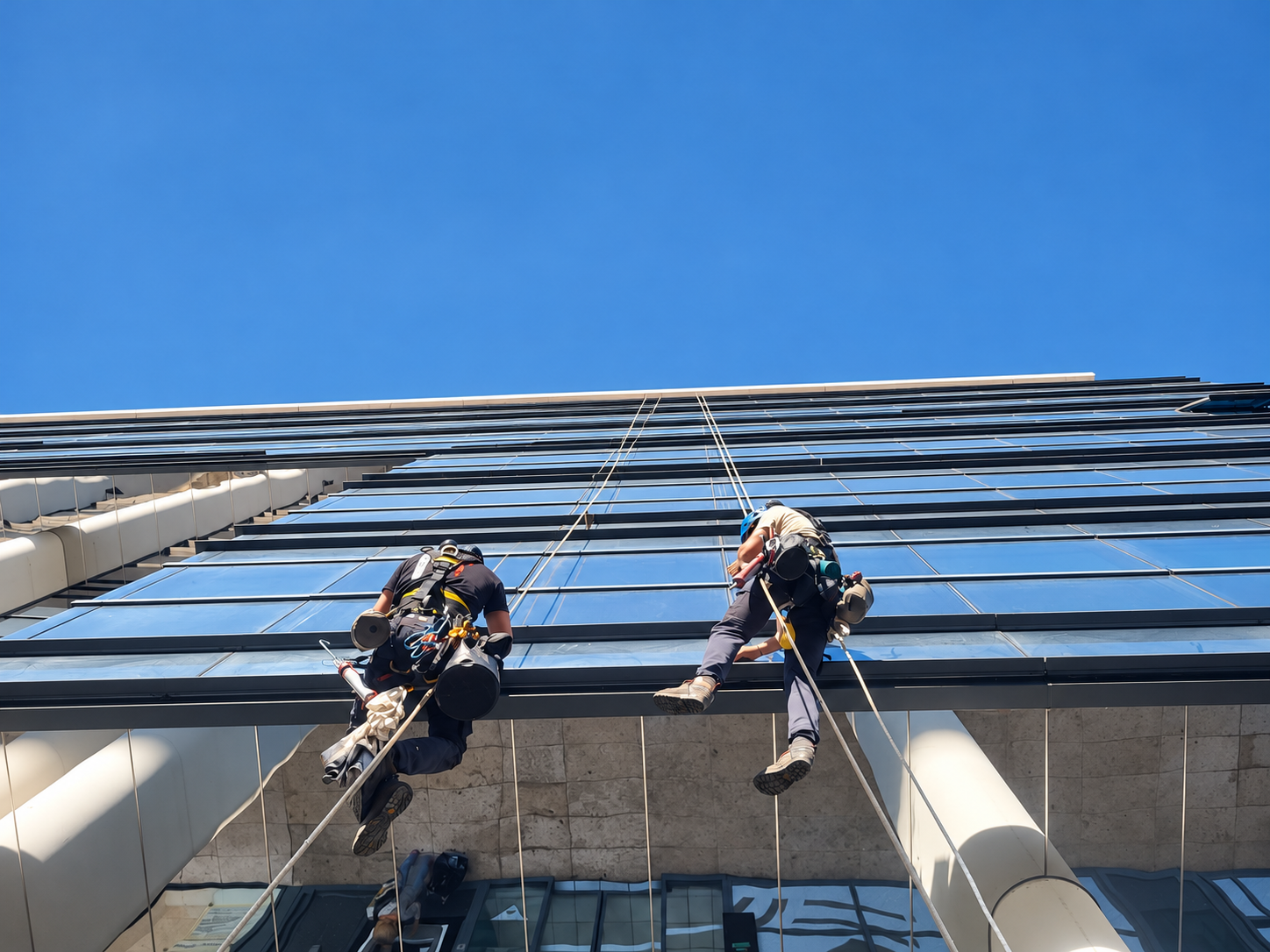 Deux cordistes intervenant sur une façade vitrée, vue depuis le pied du bâtiment